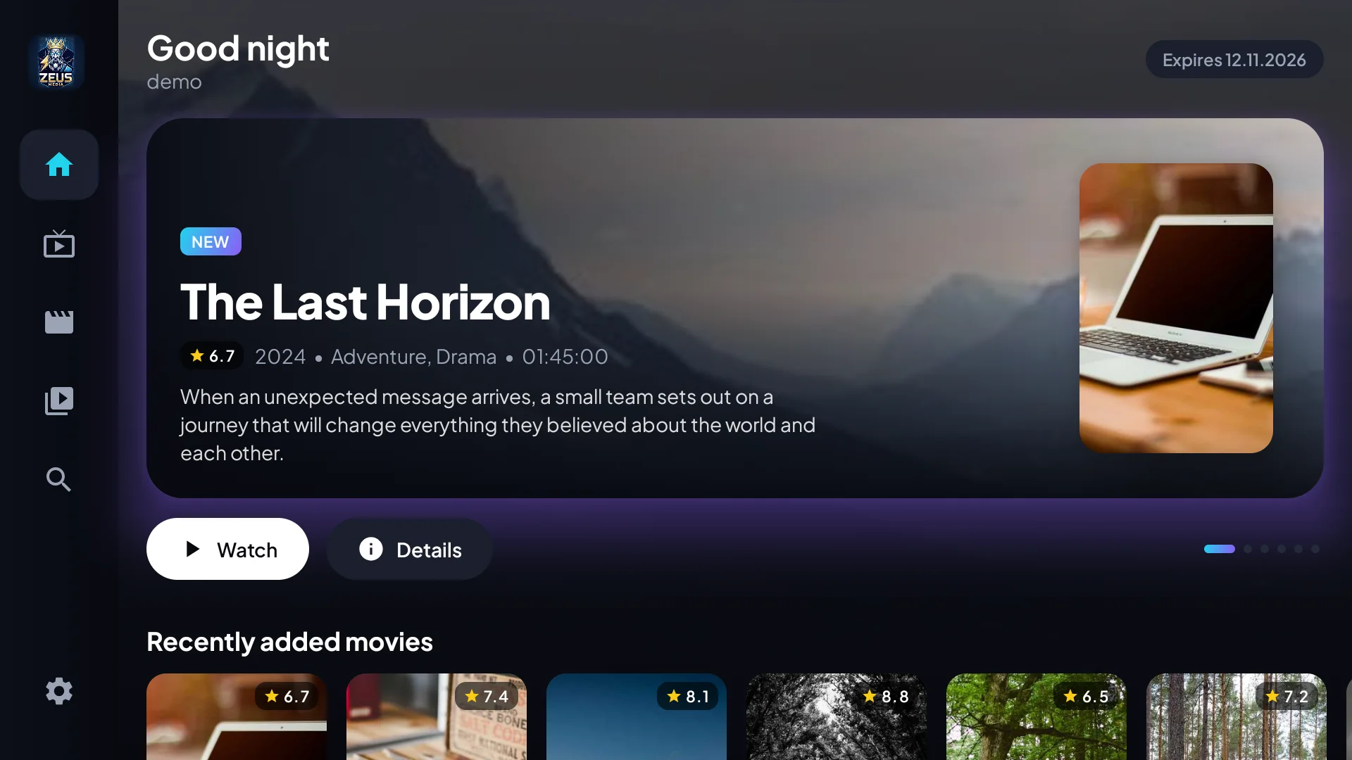 Zeus Media home screen on Android TV