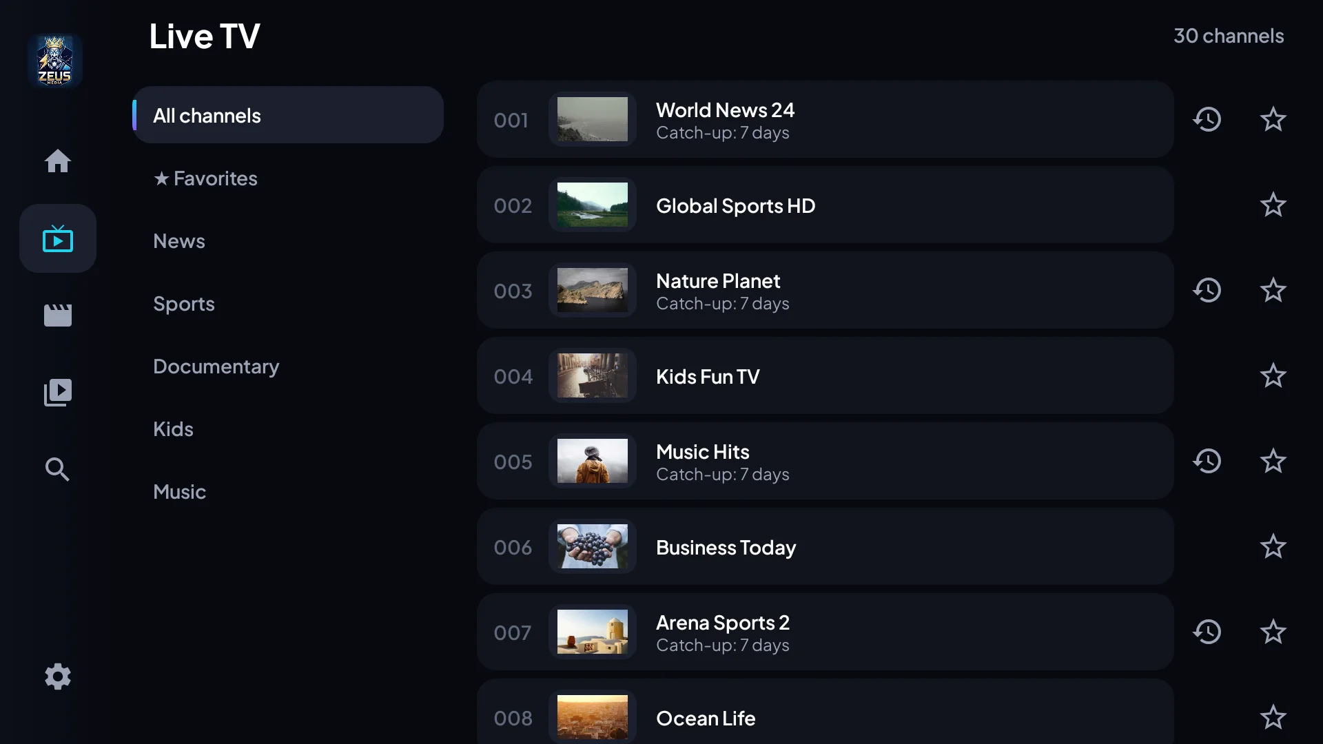 Live TV channel list
